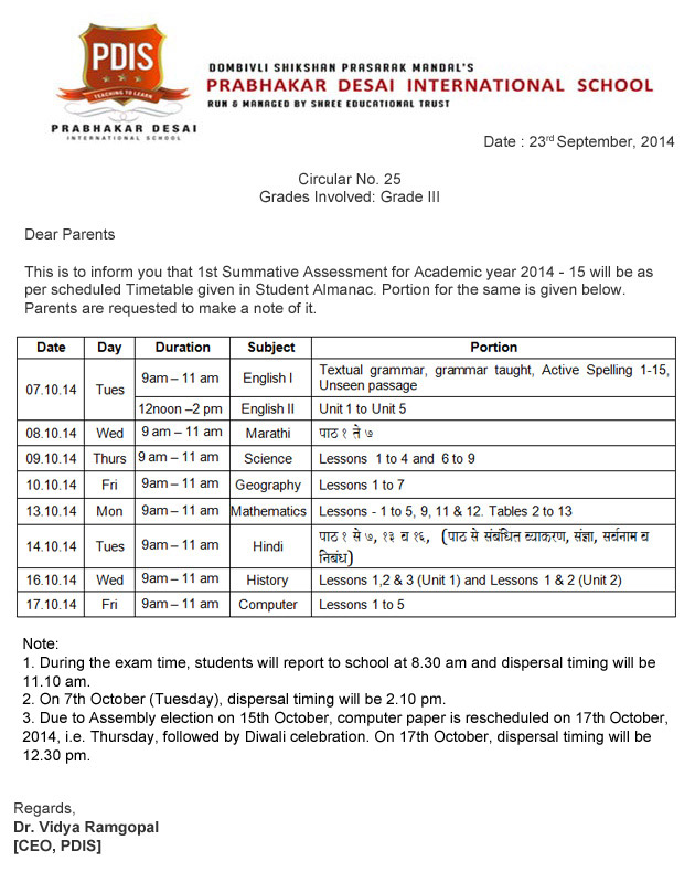 grade1 SA TimeTable